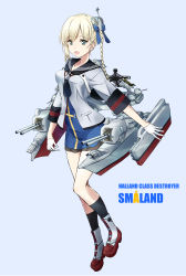 Rule 34 | 1girl, asymmetrical hair, black socks, blonde hair, blue background, blue dress, boots, braid, cannon, character name, commentary request, destroyer, dress, full body, gloves, grey jacket, half gloves, highres, hswms smaland, jacket, long hair, machinery, mecha musume, military, military vehicle, minosu, missile, original, personification, ship, short dress, simple background, socks, solo, turret, twin braids, warship, watercraft, white gloves