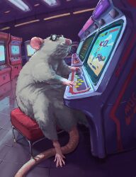 Rule 34 | arcade, arcade cabinet, arcade stick, closed mouth, controller, fluorescent lamp, from side, game controller, grey fur, highres, indoors, joystick, mouse (animal), nejumipro, no humans, on stool, original, reflective floor, sitting, sunglasses, tile floor, tiles, whiskers