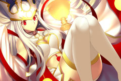 Rule 34 | 1girl, bare shoulders, breasts, chalice, cleavage, convenient leg, crown, cup, detached sleeves, dress, dress of heaven, fate/grand order, fate/zero, fate (series), full body, gloves, glowing, highres, holy grail, impossible clothes, irisviel von einzbern, irisviel von einzbern (caster), large breasts, long hair, looking at viewer, paperfinger, red eyes, short dress, side slit, silver hair, sleeveless, sleeveless dress, sleeves past wrists, smile, solo, thighhighs, white dress, white gloves, white thighhighs, wide sleeves, zettai ryouiki