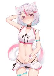 Rule 34 | 1girl, animal ear fluff, animal ears, armpits, bad id, bad twitter id, black panties, cat ears, cat tail, choker, collarbone, commentary request, cuffs, ear piercing, fish hair ornament, hair ornament, hiruno ushiro, lifting own clothes, miniskirt, multicolored hair, navel, original, panties, paw print, piercing, pink eyes, short hair, side-tie skirt, silver hair, simple background, skirt, solo, tail, tears, two-tone hair, underwear, white background