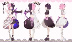 1girl amaki_pururu asymmetrical_footwear asymmetrical_wings bat_wings black_bow black_footwear black_hair black_horns blush bow character_sheet closed_mouth crop_top demon_tail detached_collar fishnet_pantyhose fishnets full_body hair_bow halo heterochromia horns maou_(maou62) multicolored_hair multiple_views navel pantyhose pink_bow pink_hair purple_eyes red_eyes reject_(esports) single_horn single_leg_pantyhose skirt split-color_hair tail two-tone_hair two_side_up virtual_youtuber white_footwear white_wings wings