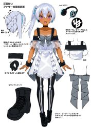 Rule 34 | 1girl, :d, bare shoulders, black footwear, black pantyhose, blush, boots, bow, braid, breasts, choker, dark-skinned female, dark skin, dress, gomashi (goma), haimiya kei, hair bow, ice cream mad labo, looking at viewer, off shoulder, official art, open mouth, pantyhose, purple eyes, see-through, short sleeves, side ponytail, silver hair, simple background, skeleton print, small breasts, smile, solo, straight-on, virtual youtuber, white background, white dress