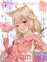 Rule 34 | 1girl, :d, absurdres, ahoge, animal ear fluff, animal ears, blush, bow, cat ears, cat girl, cat ornament, dress, dress bow, elbow gloves, fingerless gloves, fox shadow puppet, frilled dress, frills, gloves, hair between eyes, hair ornament, hair over shoulder, hands up, highres, light brown hair, long hair, \\n/, off shoulder, open mouth, original, paw pose, pink dress, pink gloves, purple eyes, qiuyueruona, smile, solo, title page, twintails, upper body