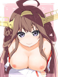 Rule 34 | 10s, 1girl, ahoge, akata itsuki, bare shoulders, blue eyes, blush, breast hold, breasts, brown hair, detached sleeves, double bun, female focus, hairband, headgear, japanese clothes, kantai collection, kongou (kancolle), large breasts, long hair, looking at viewer, nipples, smile, solo, wide sleeves