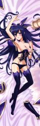 Rule 34 | 10s, 1girl, absurdres, arm up, armor, armpits, artist request, bare shoulders, bed, bed sheet, black panties, black thighhighs, blush, body blush, boots, breasts, bustier, cleavage, collarbone, dakimakura (medium), date a live, feet, female focus, from above, frown, full body, groin, hair between eyes, highres, hip focus, huge filesize, lace, large breasts, legs, long hair, long image, looking at viewer, lying, navel, official art, on back, on bed, open mouth, panties, pauldrons, purple eyes, purple hair, sheet grab, shoulder armor, solo, tall image, thighhighs, thighs, underwear, yatogami tooka
