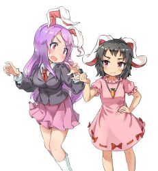 Rule 34 | 2girls, aika (cookie), animal ears, berazasu, black hair, black jacket, blazer, blush, breasts, carrot necklace, closed mouth, collared shirt, commentary request, cookie (touhou), dress, feet out of frame, floppy ears, frilled sleeves, frills, hand on own hip, highres, hisui (cookie), inaba tewi, jacket, jewelry, long hair, long sleeves, looking at another, looking to the side, medium breasts, multiple girls, necklace, necktie, open mouth, pink dress, pink eyes, pink skirt, pleated skirt, puffy short sleeves, puffy sleeves, purple hair, rabbit ears, rabbit girl, rabbit tail, red eyes, red necktie, reisen udongein inaba, ribbon-trimmed dress, shirt, short hair, short sleeves, simple background, skirt, small breasts, smile, swept bangs, tail, touhou, very long hair, white background, white shirt