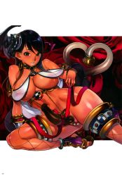 Rule 34 | 10s, 1girl, absurdres, black hair, breasts, cleavage, dark skin, earrings, f.s., fishnet thighhighs, fishnets, green eyes, highres, huge breasts, jewelry, long hair, luna luna (queen&#039;s blade), midriff, multicolored hair, official art, pearl thong, queen&#039;s blade, queen&#039;s blade lost worlds, queen&#039;s blade rebellion, revealing clothes, shoes, thighhighs
