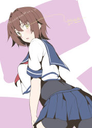 Rule 34 | 1girl, bike shorts, black shorts, blush, breasts, brown hair, commentary request, cowboy shot, cropped shirt, eye trail, from behind, furutaka (kancolle), glowing, glowing eye, hair between eyes, highres, kantai collection, light trail, looking at viewer, looking back, medium breasts, neckerchief, parted lips, pink background, red neckerchief, school uniform, serafuku, shirt, short hair, short sleeves, shorts, simple background, solo, taira yuuki, two-tone background, white background, white shirt, yellow eyes