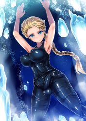 Rule 34 | 1futa, armpits, blonde hair, blue eyes, braid, breasts, bulge, disney, elsa (frozen), erection, erection under clothes, frozen (disney), futanari, ice, impossible clothes, large breasts, latex, long hair, looking at viewer, penis, smile, solo, standing, tight clothes, ubanis