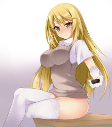 Rule 34 | + +, 1girl, blonde hair, blush, breasts, brown eyes, brown sweater, brown sweater vest, brown vest, controller, covered erect nipples, crossed legs, desk, elbow gloves, feet out of frame, from side, gloves, gradient background, hevn, holding, holding remote control, impossible clothes, large breasts, light blush, long hair, looking at viewer, looking to the side, no panties, no pants, panties, remote control, school desk, school uniform, shirt, shokuhou misaki, short-sleeved shirt, short sleeves, sitting, sleeveless, sleeveless sweater, smile, solo, sparkle, sparkling eyes, spider web print, sweater, sweater vest, symbol-shaped pupils, t-shirt, thighhighs, thighs, toaru kagaku no railgun, toaru majutsu no index, toaru majutsu no index gaiden: toaru kagaku no mental out, tokiwadai school uniform, underwear, vest, white gloves, white panties, white shirt, white thighhighs