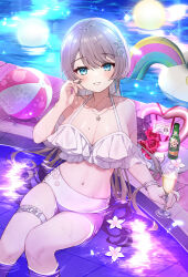 Rule 34 | 1girl, ball, beachball, bikini, blue eyes, blush, breasts, champagne bottle, champagne flute, cleavage, commentary request, cup, drinking glass, flower, frilled bikini, frills, grey hair, hair ornament, holding, holding cup, indie virtual youtuber, jewelry, large breasts, long hair, looking at viewer, mitsuki momo, necklace, night, okanoyuno, outdoors, pool, smile, solo, star (symbol), star hair ornament, swimsuit, thigh strap, virtual youtuber, water, white bikini, white flower