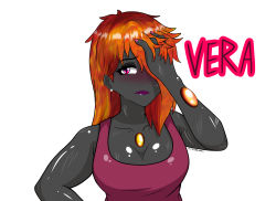 Rule 34 | absurdres, blush, breasts, cleavage, colored skin, cpt.tester works, earrings, embarrassed, gem, grey skin, highres, jewelry, large breasts, lipstick, long bangs, long hair, looking at viewer, makeup, monster girl, one eye covered, orange hair, purple eyes, tank top, toned, toned female, vera (cpt.tester)