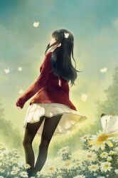 Rule 34 | 1girl, absurdres, black hair, blue eyes, bug, butterfly, daisy, field, flower, flower field, highres, innocent grey, insect, kara no shoujo 2, kuchiki touko, long hair, looking at viewer, looking back, official art, pantyhose, red sweater, scan, school uniform, skirt, sky, solo, sugina miki, sweater, tree, white butterfly, white flower, white skirt, wind, wind lift