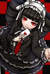 Rule 34 | 1girl, black hair, black skirt, blunt bangs, bonnet, card, celestia ludenberg, checkered background, commentary request, danganronpa: trigger happy havoc, danganronpa (series), drill hair, frilled sleeves, frills, from above, gothic lolita, hairband, hands up, heart, heart print, holding, holding card, lolita fashion, lolita hairband, long hair, long sleeves, looking at viewer, necktie, nico (nico alice), playing card, red background, red eyes, red necktie, skirt, smile, solo, twin drills, twintails, white hairband