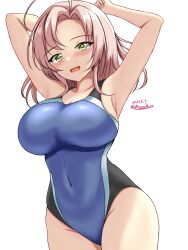 Rule 34 | 1girl, antenna hair, black one-piece swimsuit, blue one-piece swimsuit, blush, breasts, competition swimsuit, covered navel, cowboy shot, dated, green eyes, grey hair, highres, impossible clothes, impossible swimsuit, kantai collection, kinugasa (kancolle), kinugasa kai ni (kancolle), large breasts, looking at viewer, montemasa, multicolored clothes, multicolored swimsuit, one-piece swimsuit, open mouth, simple background, smile, solo, swimsuit, twitter username, two-tone swimsuit, white background