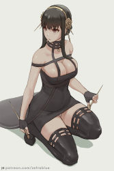Rule 34 | 1girl, black gloves, black hair, breasts, cleavage, closed mouth, dagger, dress, dual wielding, fingerless gloves, flower, full body, gloves, gold hairband, hair flower, hair ornament, hairband, highres, holding, holding dagger, holding knife, holding weapon, knife, large breasts, long hair, looking to the side, patreon username, red eyes, rose, sidelocks, skindentation, solo, spikes, spy x family, squatting, taut clothes, taut dress, thighs, watermark, weapon, web address, yor briar, zefrableu