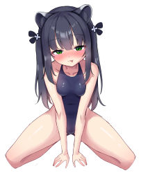 Rule 34 | 1girl, :p, absurdres, animal ear fluff, animal ears, black hair, blue archive, blue one-piece swimsuit, blush, green eyes, half-closed eyes, head tilt, highres, looking at viewer, one-piece swimsuit, salukino, school swimsuit, shun (blue archive), shun (small) (blue archive), sidelocks, simple background, solo, squatting, swimsuit, thighs, tiger ears, tongue, tongue out, white background