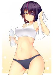 Rule 34 | 10s, 1girl, bare shoulders, bottle, breasts, covered erect nipples, eyepatch, headgear, highres, kantai collection, large breasts, looking at viewer, navel, no headwear, purple hair, solo, sports bikini, stomach, suteba (grzjkbhgf), sweat, tank top, tenryuu (kancolle), towel, yellow eyes
