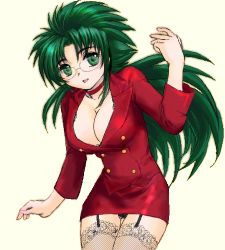 Rule 34 | 1girl, breasts, choker, cleavage, cowboy shot, formal, garter straps, glasses, green eyes, green hair, jacket, jochuu-san, lace, lace-trimmed legwear, lace trim, large breasts, legs together, long hair, looking at viewer, lowres, matching hair/eyes, microskirt, miniskirt, oekaki, original, pencil skirt, red choker, red jacket, red skirt, sidelocks, simple background, skirt, skirt suit, solo, standing, suit, thighhighs, white background, yagisaka seto
