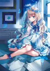 Rule 34 | 1girl, barefoot, blue eyes, blue flower, blue hair, blue sailor collar, blush, book, bug, butterfly, checkered floor, closed mouth, commentary request, cuffs, dress, flower, forget-me-not (flower), frilled sailor collar, frills, gradient hair, hair between eyes, hair flower, hair ornament, highres, indoors, inkwell, insect, kisaragi yuri, light brown hair, long hair, long sleeves, looking at viewer, multicolored hair, open book, original, painting (object), paper, picture frame, quill, sailor collar, sailor dress, school uniform, see-through, serafuku, shirt, sleeveless, sleeveless dress, solo, very long hair, white shirt