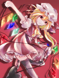 Rule 34 | 1girl, ascot, black thighhighs, blonde hair, closed mouth, flandre scarlet, foot out of frame, frilled skirt, frilled sleeves, frills, hair between eyes, hat, highres, leg up, long hair, looking at viewer, mary janes, mmcha 0709, mob cap, multicolored wings, puffy short sleeves, puffy sleeves, red background, red eyes, red ribbon, red skirt, red vest, ribbon, ribbon-trimmed headwear, ribbon trim, shirt, shoes, short sleeves, side ponytail, simple background, skirt, skirt set, smile, solo, standing, standing on one leg, thighhighs, touhou, vest, white hat, white shirt, wings, yellow ascot