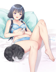 Rule 34 | 1girl, :d, animal, artist name, barefoot, bed sheet, black hair, blue bra, blue panties, blunt bangs, bow, bow bra, bow panties, bra, breasts, cat, cellphone, collarbone, feet, hair bobbles, hair ornament, hair over shoulder, hands up, highres, holding, holding phone, knees up, long hair, looking at viewer, open mouth, original, panties, phone, pillow, purple eyes, signature, skyrail, small breasts, smartphone, smile, solo, twintails, underwear, underwear only