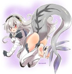 Rule 34 | 1girl, armor, ass, aura, barefoot, black gloves, black hairband, blush, corrin (female) (fire emblem), corrin (fire emblem), dark aura, dragon tail, eromame, feet, fire emblem, fire emblem fates, fire emblem heroes, from behind, full body, gloves, hairband, long hair, looking back, nintendo, open mouth, pointy ears, red eyes, simple background, soles, solo, tail, toes, twitter username, white background, white hair