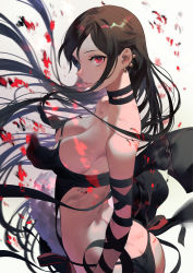 Rule 34 | 1girl, ass, bare shoulders, black dress, breasts, brown hair, butt crack, center opening, choker, cleavage, collarbone, dress, earrings, fate/grand order, fate (series), floating hair, from side, fur trim, highres, jewelry, long hair, looking at viewer, medium breasts, multiple earrings, red eyes, revealing clothes, salmon88, sidelocks, solo, strapless, strapless dress, twisted torso, very long hair, wind, wind lift, yu mei-ren (fate)