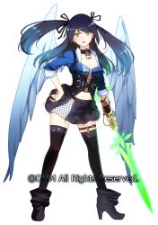 Rule 34 | angel wings, belt, black footwear, black hair, black skirt, black thighhighs, boots, character request, choker, cuffs, energy sword, full body, green eyes, hand on own hip, handcuffs, highres, jewelry, legs apart, long hair, looking at viewer, meikyuu tansaku dragon princess, midriff, navel, open mouth, painpa, ring, skirt, solo, standing, sword, thighhighs, watermark, weapon, white background, wings, zipper