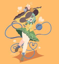 Rule 34 | brown footwear, commentary, full body, green eyes, green hair, green skirt, hat, heart, heart of string, highres, long sleeves, looking at viewer, open mouth, orange background, shinsei tomato, shirt, short hair, simple background, skirt, smile, third eye, touhou, wide sleeves, yellow shirt