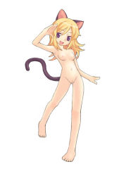 Rule 34 | 10s, 1girl, animal ears, barefoot, blonde hair, breasts, cat (trickster), cat ears, cat tail, nipples, nude, nude filter, purple eyes, pussy, salute, small breasts, solo, tail, third-party edit, trickster (ntreev soft), uncensored