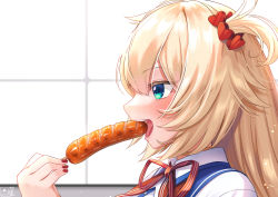Rule 34 | 1girl, akai haato, akai haato (1st costume), aqua eyes, blonde hair, blush, commentary request, eating, fingernails, food, food in mouth, hair ornament, hand up, heart, heart hair ornament, highres, holding, holding food, hololive, long hair, magowasabi, nail polish, neck ribbon, one side up, open mouth, portrait, profile, red nails, red ribbon, ribbon, sausage, shirt, signature, solo, tongue, twitter username, virtual youtuber, white shirt