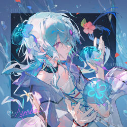 Rule 34 | 1boy, arknights, black background, black collar, blue border, blue hair, blue jacket, border, chinese commentary, collar, collarbone, collared jacket, commentary request, eyelashes, fingernails, flower, hair ornament, hibiscus, high collar, highres, jacket, jellyfish, long hair, male focus, mizuki (arknights), nonhaaa, open clothes, open jacket, open mouth, outside border, pink flower, purple eyes, red bracelet, sample watermark, shirt, short sleeves, sign, simple background, smile, solo, striped clothes, striped shirt, upper body, watermark, white shirt