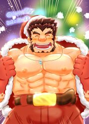 Rule 34 | 1boy, ^ ^, abs, absurdres, alternate costume, bara, bare pectorals, black hair, blush, christmas, closed eyes, dated, emphasis lines, facing viewer, forked eyebrows, hat, highres, kumanomi ichiro, large pectorals, male focus, muscular, muscular male, mutton chops, navel, nipples, pectorals, red hat, santa costume, santa hat, short hair, solo, sparse chest hair, square face, strongman waist, tajikarao (housamo), thick eyebrows, tokyo houkago summoners, tusks, undressing