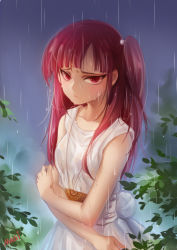 Rule 34 | 1girl, blush, crossed arms, dress, highres, huazha01, long hair, looking at viewer, magi the labyrinth of magic, morgiana, rain, red eyes, red hair, side ponytail, solo, wet, wet clothes