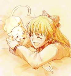 Rule 34 | 1girl, aino minako, artemis (sailor moon), bed, bishoujo senshi sailor moon, blonde hair, blush, bow, cat, crescent, crescent facial mark, crossed arms, closed eyes, facial mark, forehead mark, full-face blush, hair bow, half updo, laughing, long sleeves, monochrome, one eye closed, open mouth, tears, tsubobot, yellow theme