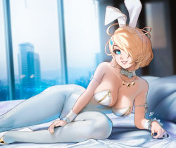 Rule 34 | animal ears, armband, aurahack, bandaid, bandaid on arm, bed, bed sheet, blonde hair, blue eyes, borrowed character, bow, bowtie, breasts, fake animal ears, jewelry, large breasts, leotard, nail polish, necklace, pantyhose, playboy bunny, rabbit ears, solo, watermark, white leotard, white pantyhose, wrist cuffs, zipper, zipper leotard, zipper pull tab