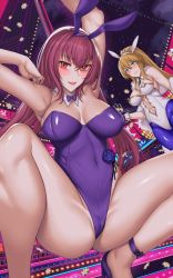Rule 34 | 2girls, animal ears, armpits, artoria pendragon (all), artoria pendragon (fate), artoria pendragon (swimsuit ruler) (fate), bare legs, bare shoulders, blonde hair, blush, breasts, casino, chips (food), cleavage, cup, detached collar, drinking glass, fake animal ears, fate/grand order, fate (series), fishnet legwear, fishnets, food, green eyes, hair ornament, hanada yanochi, high heels, highleg, large breasts, leotard, long hair, looking at viewer, multiple girls, navel, necktie, neon lights, neon trim, official alternate costume, open mouth, pantyhose, plate, playboy bunny, poker chip, pole, pole dancing, ponytail, purple hair, rabbit ears, red eyes, saber (fate), scathach (fate), scathach (piercing bunny) (fate), smile, spread legs, stripper pole, thigh gap, wine glass, wristband