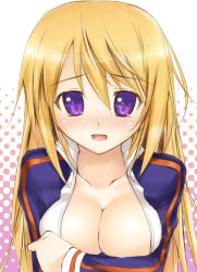 Rule 34 | 10s, 1girl, blonde hair, blush, breast hold, breasts, charlotte dunois, cleavage, collarbone, female focus, halftone, halftone background, infinite stratos, jacket, large breasts, long hair, mikuni mizuki, open mouth, purple eyes, solo, track jacket, white background