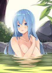Rule 34 | bathing, blue eyes, blue hair, blush, breasts, cleavage, kaosu kun, nude, onsen, partially submerged