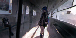Rule 34 | 1girl, absurdres, aqua eyes, arknights, artist name, bare legs, black coat, black footwear, black gloves, black halo, black hood, black horns, black shorts, black wings, blue hair, blurry, blurry foreground, boots, chromatic aberration, closed mouth, coat, commentary, dark halo, day, demon horns, depth of field, detached wings, dutch angle, energy wings, expressionless, facing viewer, fallen angel, feet out of frame, fur-trimmed coat, fur-trimmed hood, fur trim, gloves, grey shirt, grey sky, halo, highres, holding, holding pole, hood, hood down, horns, layered sleeves, legs together, lemtun, light particles, long hair, long sleeves, looking afar, looking ahead, mostima (arknights), open clothes, open coat, people, pole, pouch, shade, shadow, shirt, short shorts, shorts, shoulder strap, silhouette, simple bird, sky, smoke, smoke trail, solo focus, standing, straight hair, train, train interior, untucked shirt, very long hair, wide shot, window, wings