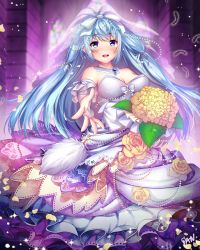 Rule 34 | 1girl, bare shoulders, blue eyes, blue hair, blush, bouquet, breasts, bridal gauntlets, bridal veil, bride, cleavage, detached collar, dress, duel monster, elbow gloves, eria (yu-gi-oh!), eria the water charmer, feathers, flower, gloves, hair ornament, hair ribbon, highres, kashi kosugi, long hair, looking at viewer, matching hair/eyes, open mouth, ribbon, sleeveless, sleeveless dress, smile, solo, strapless, strapless dress, teeth, veil, wedding dress, white dress, white gloves, white ribbon, yu-gi-oh!, yu-gi-oh! duel monsters