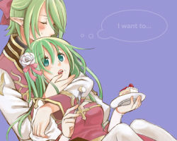 Rule 34 | 1boy, 1girl, arch bishop (ragnarok online), arm around neck, blue eyes, blush, bow, breasts, cake, cake slice, cleavage cutout, closed eyes, clothing cutout, coat, commentary request, couple, cross, dress, earrings, eyes visible through hair, feet out of frame, flower, food, fork, green hair, hair between eyes, hair bow, hair flower, hair ornament, hetero, high priest (ragnarok online), holding, holding fork, holding plate, jewelry, juliet sleeves, layered clothes, long hair, long sleeves, medium breasts, medium hair, multicolored coat, open mouth, pink bow, plate, pointy ears, puffy sleeves, purple background, ragnarok online, red bow, red coat, sash, stud earrings, thighhighs, tsuki miso, two-tone coat, two-tone dress, white coat, white dress, white flower, white thighhighs, yellow sash