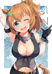 Rule 34 | 1girl, ;d, arm up, armpits, bare shoulders, belt, black belt, black gloves, blue eyes, blush, breasts, brown hair, cleavage, clothing cutout, commentary request, cosplay, gloves, grey shirt, hair ornament, hand up, head tilt, highres, index finger raised, iowa (kancolle), iowa (kancolle) (cosplay), kantai collection, large breasts, looking at viewer, navel, navel cutout, one eye closed, open mouth, partial commentary, ponytail, shirt, short hair, smile, solo, star (symbol), star hair ornament, taiki shuttle (umamusume), tail, umamusume, upper body, yasume yukito