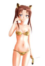 Rule 34 | 1girl, absurdres, animal ears, animal print, artist name, bare shoulders, bikini, breasts, brown eyes, brown hair, chips (food), closed mouth, cowboy shot, eating, food, fur bikini, girls und panzer, groin, highres, hiyama yuu (wee259hiyama), holding, holding food, holding own tail, kadotani anzu, long hair, looking at viewer, navel, parted bangs, potato chips, print bikini, signature, simple background, small breasts, smile, solo, standing, strapless, strapless bikini, swimsuit, tail, tiger ears, tiger print, tiger tail, twintails, white background, yellow bikini