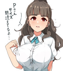Rule 34 | 1girl, blue bow, blue bowtie, blunt bangs, bow, bowtie, breasts, brown hair, collared shirt, eyebrows, haseneko, idolmaster, idolmaster cinderella girls, kamiya nao, large breasts, plaid, plaid bow, plaid bowtie, ponytail, school uniform, shirt, simple background, solo, thick eyebrows, translated, white background