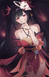 Rule 34 | 1girl, bare shoulders, bell, black background, black hair, black sash, blunt bangs, breasts, chest tattoo, cowboy shot, criss-cross halter, detached sleeves, eyeliner, fire, floral print kimono, flower tattoo, fox shadow puppet, grin, hair bell, hair ornament, halterneck, hand up, highres, honkai: star rail, honkai (series), japanese clothes, jingle bell, kimono, leaning to the side, light blush, looking at viewer, makeup, medium breasts, mole, mole under eye, neck bell, o-ring, obi, parted lips, red eyeliner, red eyes, red kimono, red nails, red sleeves, sash, short kimono, sidelocks, simple background, sleeveless, sleeveless kimono, smile, solo, sparkle (honkai: star rail), standing, sunnychoi0624, tattoo, twintails