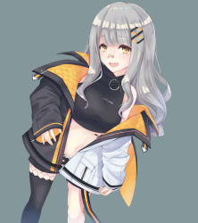 Rule 34 | 1girl, bandaid, bandaid on face, bandaid on nose, bare shoulders, black coat, black legwear, black shirt, black shorts, blunt bangs, breasts, coat, commentary, crop top, fang, hachi (live union), hair ornament, infinity symbol, lipgloss, live union, long hair, looking at viewer, medium breasts, midriff, mole, mole under eye, multicolored clothes, multicolored coat, nail polish, navel, off-shoulder coat, off shoulder, open clothes, open coat, open mouth, shirt, short shorts, shorts, silver hair, simple background, sleeveless, sleeves past wrists, smile, solo, standing, suu2510, virtual youtuber, white coat, yellow eyes