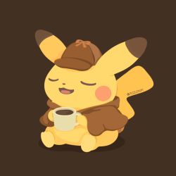 Rule 34 | brown background, brown hat, brown jacket, closed eyes, clothed pokemon, coffee, coffee mug, creatures (company), cup, deerstalker, detective pikachu, detective pikachu (character), full body, game freak, gen 1 pokemon, hat, holding, holding cup, jacket, mug, nintendo, no humans, open mouth, pikachu, pokemon, pokemon (creature), rizu (rizunm), simple background, sitting, solo, twitter username