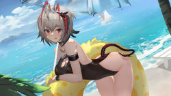 Rule 34 | 1girl, :q, absurdres, ahoge, antennae, arknights, bare arms, bare shoulders, bent over, bird, black one-piece swimsuit, blue sky, blush, breasts, cloud, commentary, cowboy shot, day, dutch angle, hair between eyes, highres, horns, innertube, large breasts, looking at viewer, mr.yu, ocean, one-piece swimsuit, outdoors, red eyes, short hair, silver hair, sky, smile, solo, standing, swim ring, swimsuit, tail, thighs, tongue, tongue out, transparent, transparent umbrella, umbrella, w (arknights), water, wristband